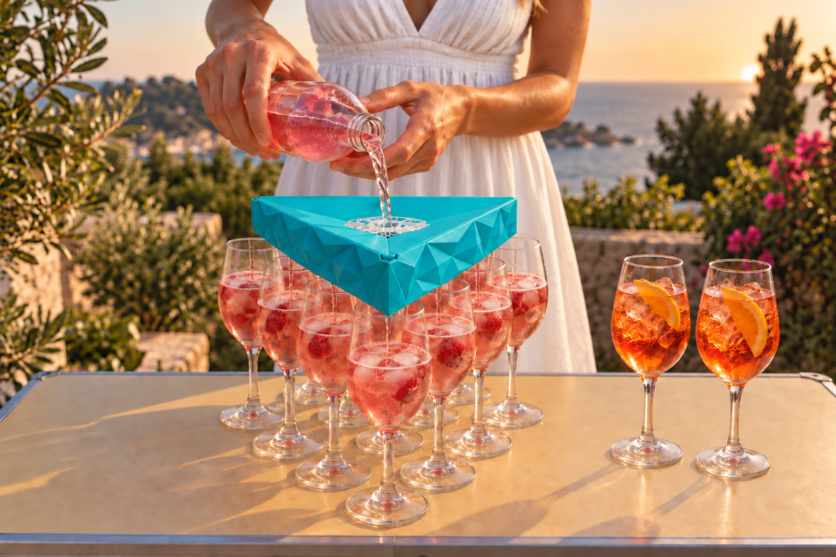 Fill-It-Fast beim Befüllen von zehn Cocktailgläsern, daneben zwei Aperol-Gläser – KI-generierte Illustration